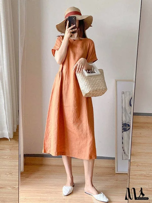 Casual Loose Solid Color Round-Neck Midi Dresses