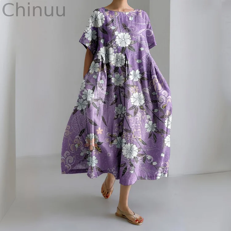 Japanese Art Flowers Linen Blend Casual Dress
