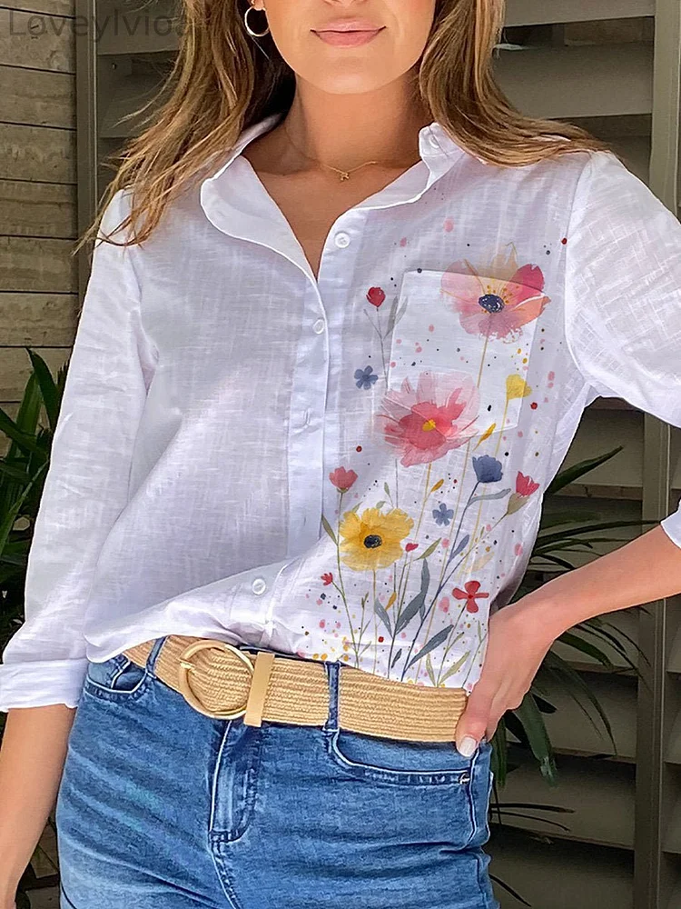 Watercolor Poppy Art Partially Printed Women's Casual Shirt