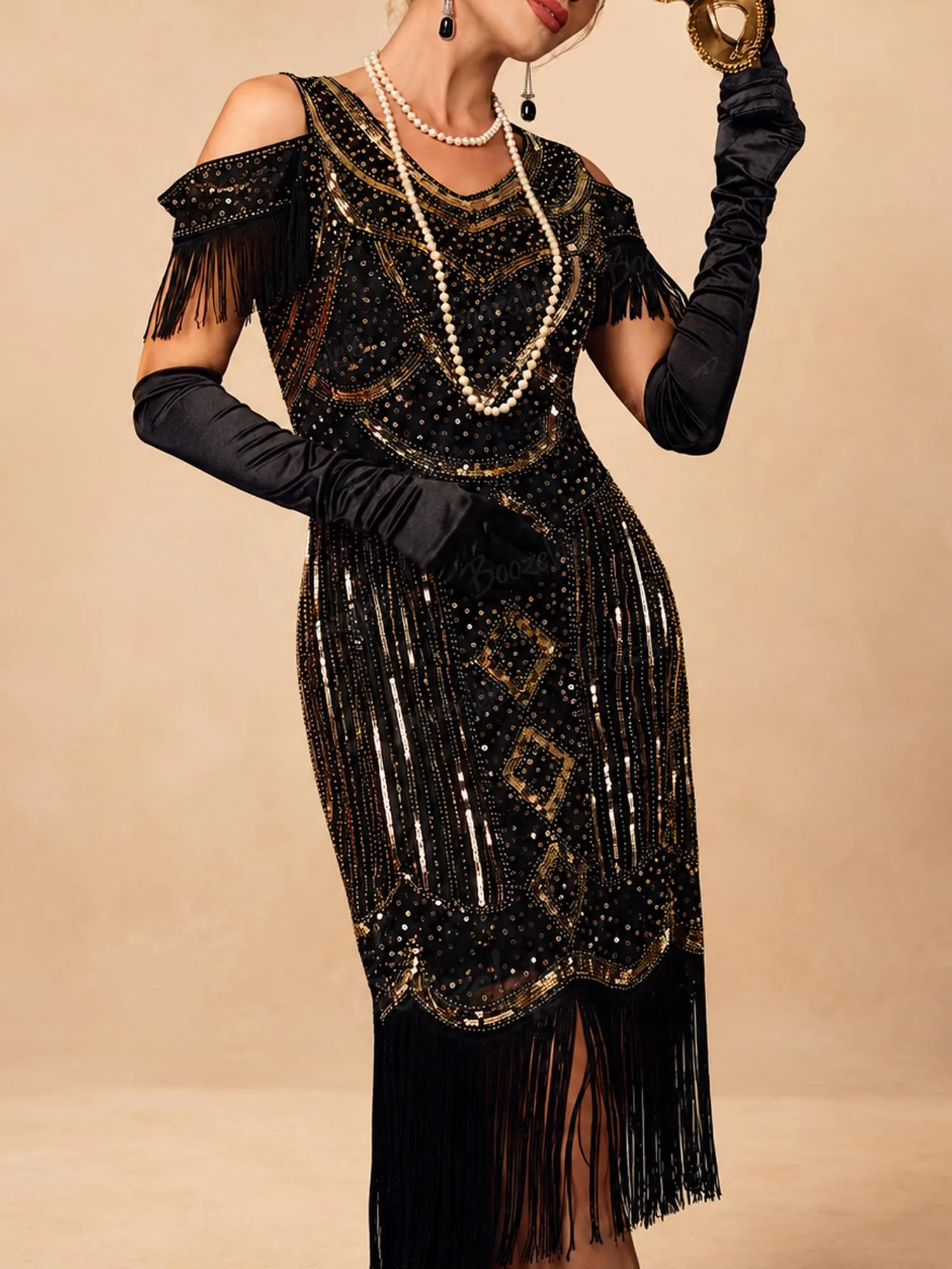 Elegant for 1920s Gatsby Themed Party &mdash; Black Gold Sequin Tassel Cold-Shoulder Flapper Dress