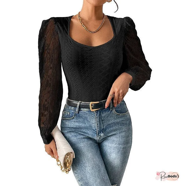 Solid Color Lace Mesh Sleeve Jumpsuit