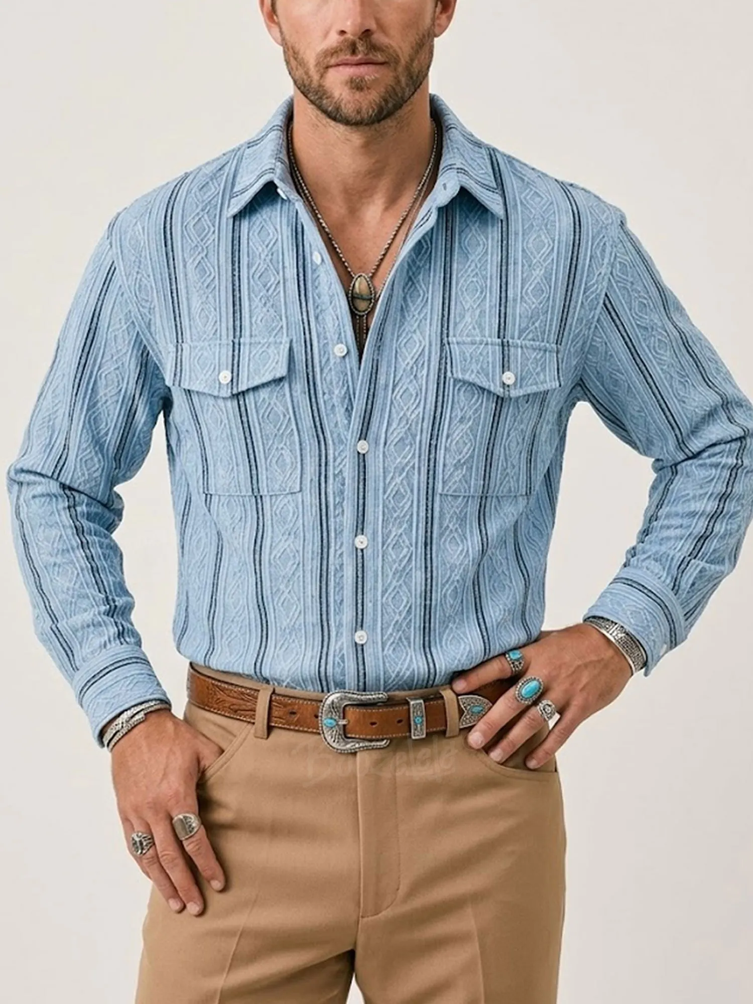 Urban Luxe Style &mdash; Blue & White, Embossed Geometric Stripes, High-End Cotton, Men&rsquo;s Western Style Long Sleeve Shirt-100% Cotton