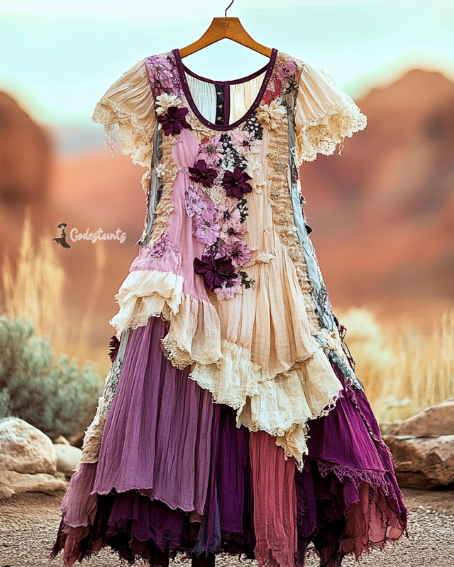 Summer Vintage Floral Lace Patchwork Dress a0e6