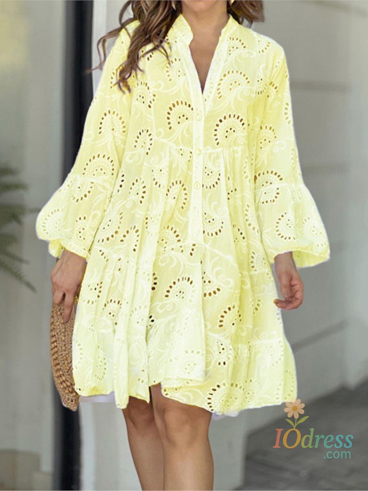 IO Dress Spring Summer New Women's Dress Solid Color V-neck Embroidered Hollow Lace Flower Sexy Dress Loose Casual Broken Copper Dress IO Dress