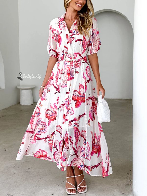 Chiffon Printed Temperament Lace-up Women's Dress