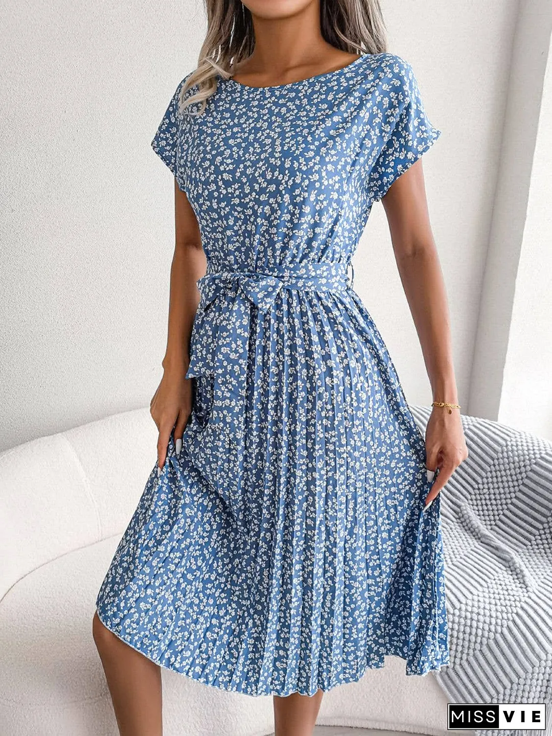 Ditsy Floral Pleated Belted Dress