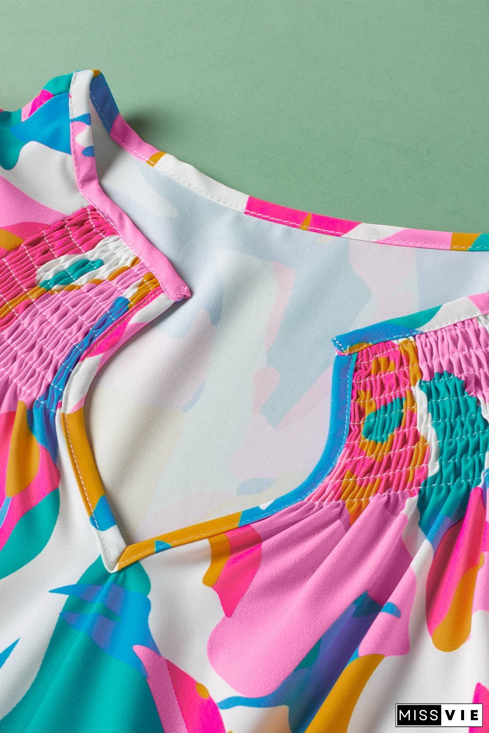 Multicolour Abstract Print Notched Neck Flutter Sleeve Blouse