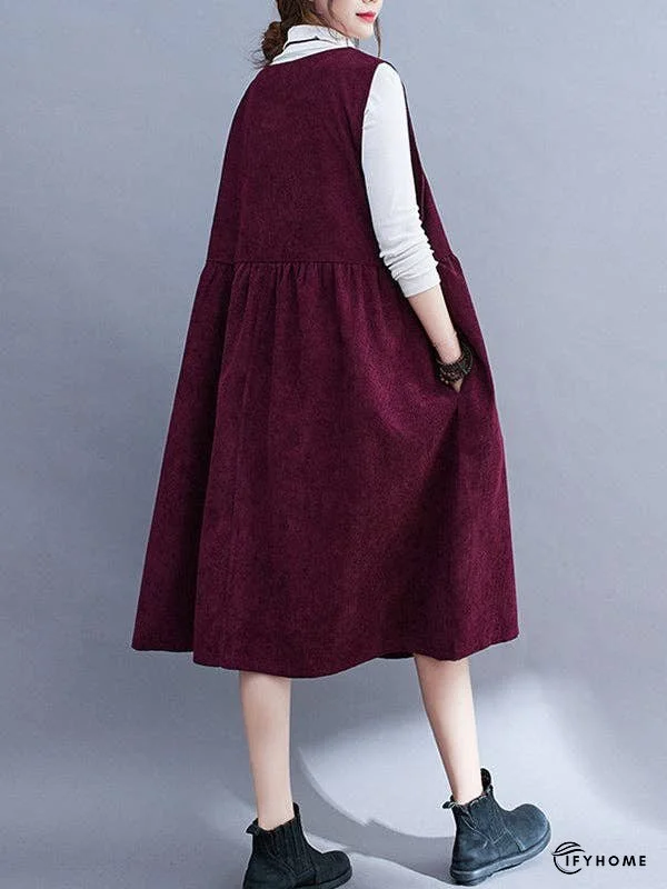 Artistic Retro Loose Sleeveless Solid Color Round-Neck Midi Dresses | IFYHOME