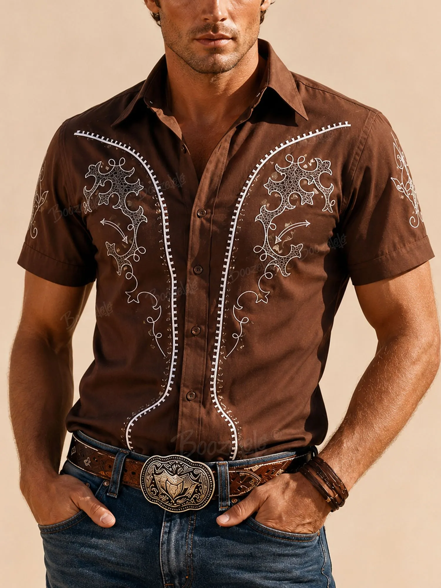 Perfect for Desert Music Festivals &mdash; 2026 S/W, Men&rsquo;s, Coffee Brown,Cotton Short-Sleeve Shirt-100% Cotton