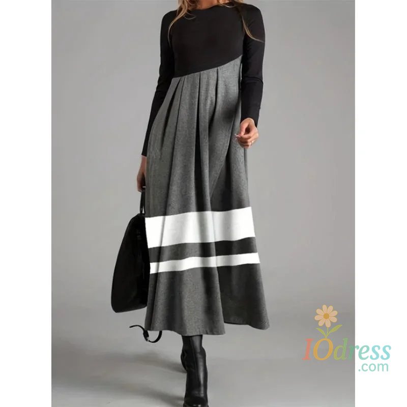 IO Dress Women's Long Sleeve Maxi Dress Crew Neck Geometry Printed Casual Long Dresses Lady Solid Color Black Dress Robe