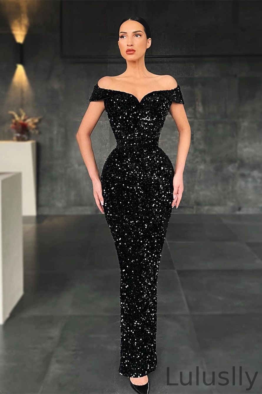 Luluslly Black Off-the-Shoulder Mermaid Prom Dress Sequins