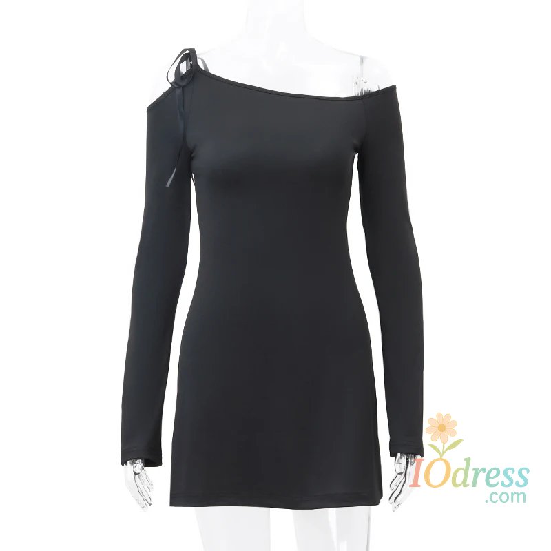 IO Dress Sexy Bow Lace Up Off Shoulder Dress Elegant Oblique-neck Long Sleeve Mini Dresses Autumn New Solid Slim Women Vestidos feminino