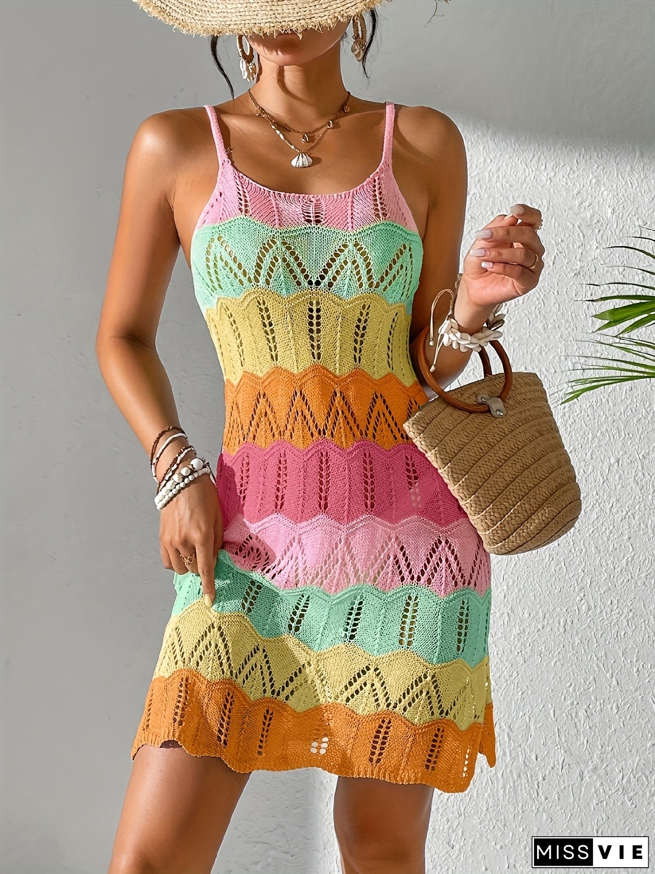 [Summer Crochet Dress] Sleeveless Striped Color Contrast Hollow Crochet Dress | Women Summer Music Festival Beach Vacation Cover Ups