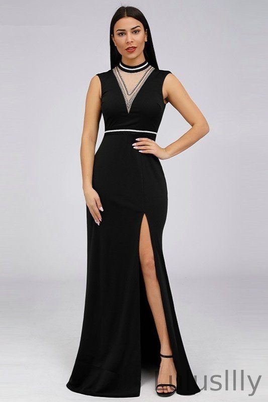Designer Black High-Neck Mermaid Long Evening Gowns With Split - lulusllly
