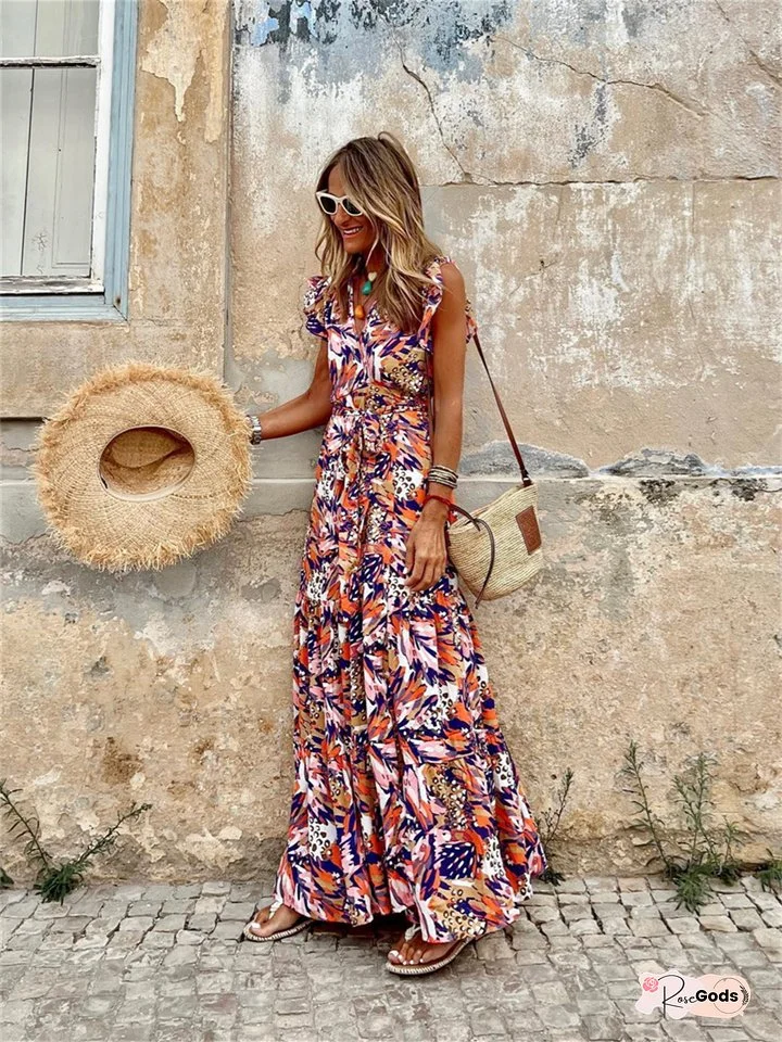 Spring and Summer Casual Temperament Women's Midriff Printed Long Dress Sleeveless V-neck Big Swing Dress Personality Street Style