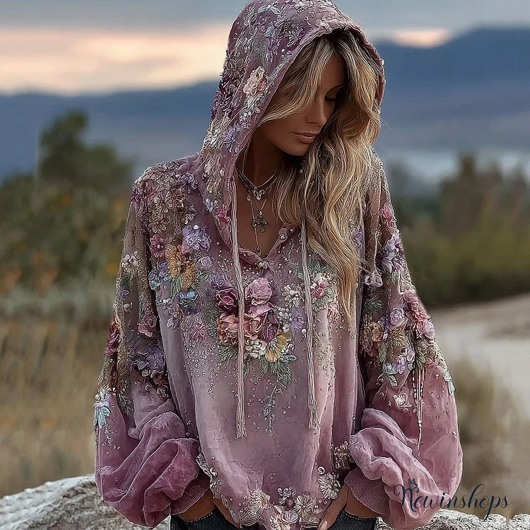 Women's Vintage Boho Pink Rose Embroidered Sequin Hoodie