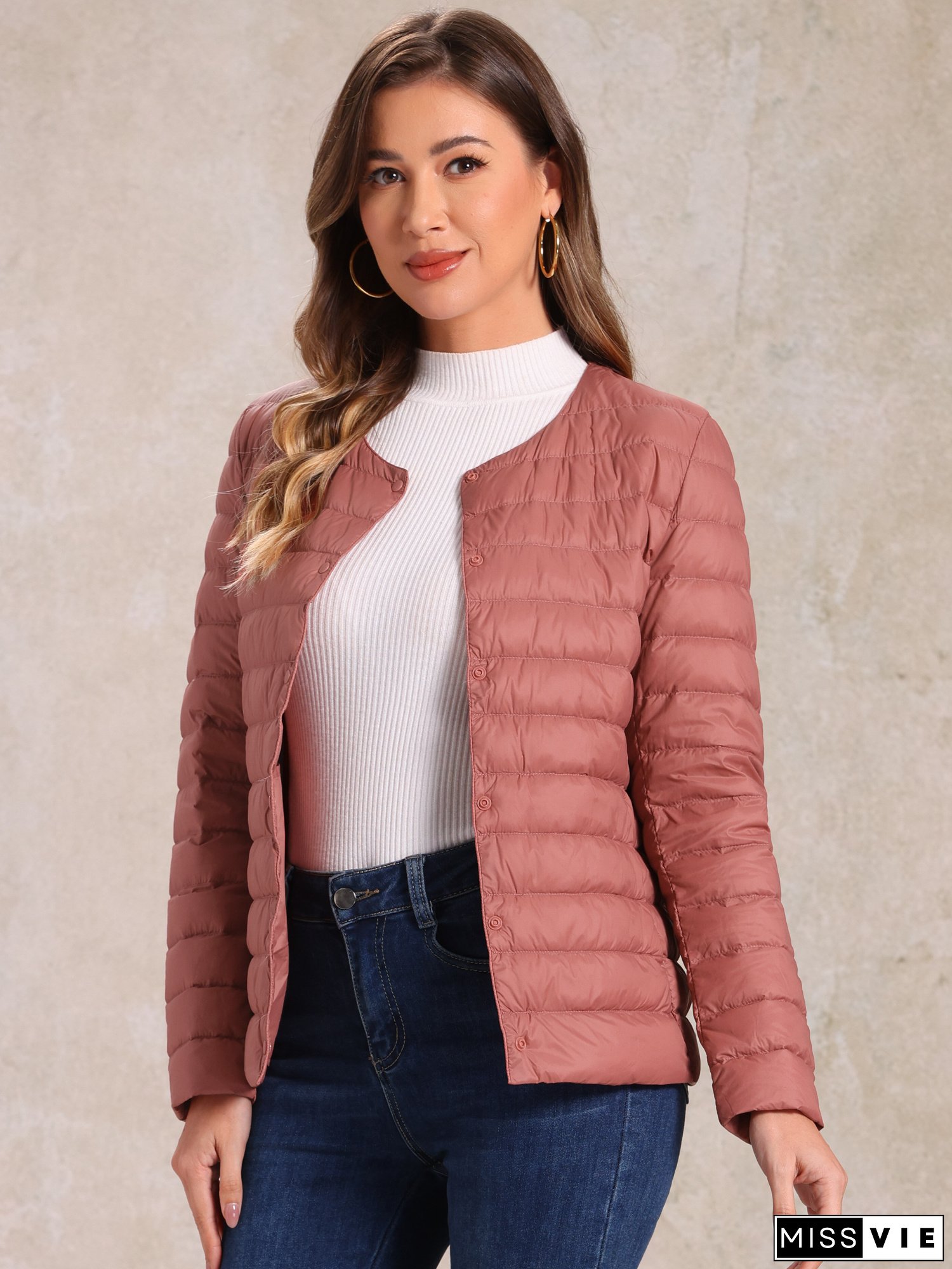 Women&lsquo;s Puffer Jacket Lightweight Button Packable Long Sleeve Coat