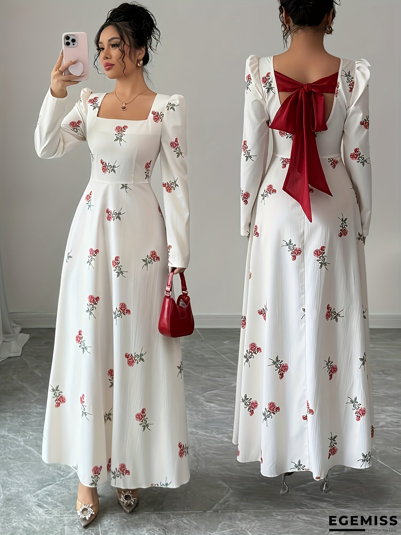 Women&lsquo;s Elegant Floral Print Long Sleeve Dress - Square Neck, Color Block Design, A-Line Silhouette, Lightweight Polyester Fabric for All Seasons, Versatile Long Dress | Square Neck Dress | Lightweight Dress | EGEMISS