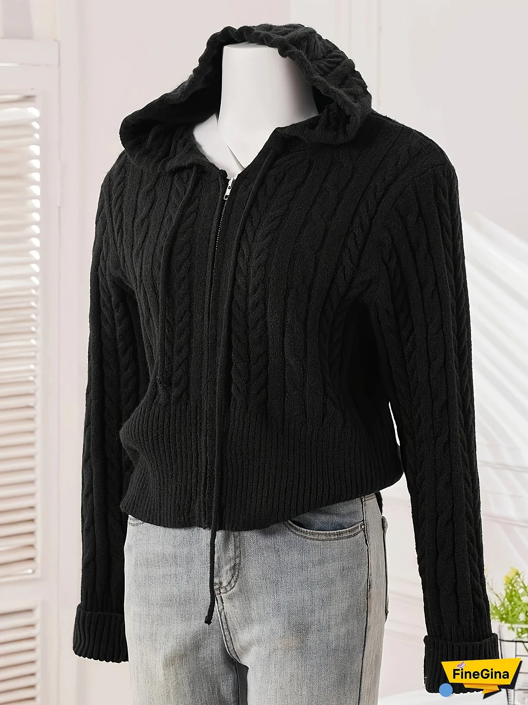Women's Black Hooded Zip-Up Sweater Cardigan - Soft Slim-Fit Cable Open Front with Pockets, Medium Stretch Spring/Fall Vacation-Ready Elegant Casual Chic, Spring Outerwear, Versatile Fashion, Smooth Texture, Casual Attire, Chic Fashion, Breathable Fabric