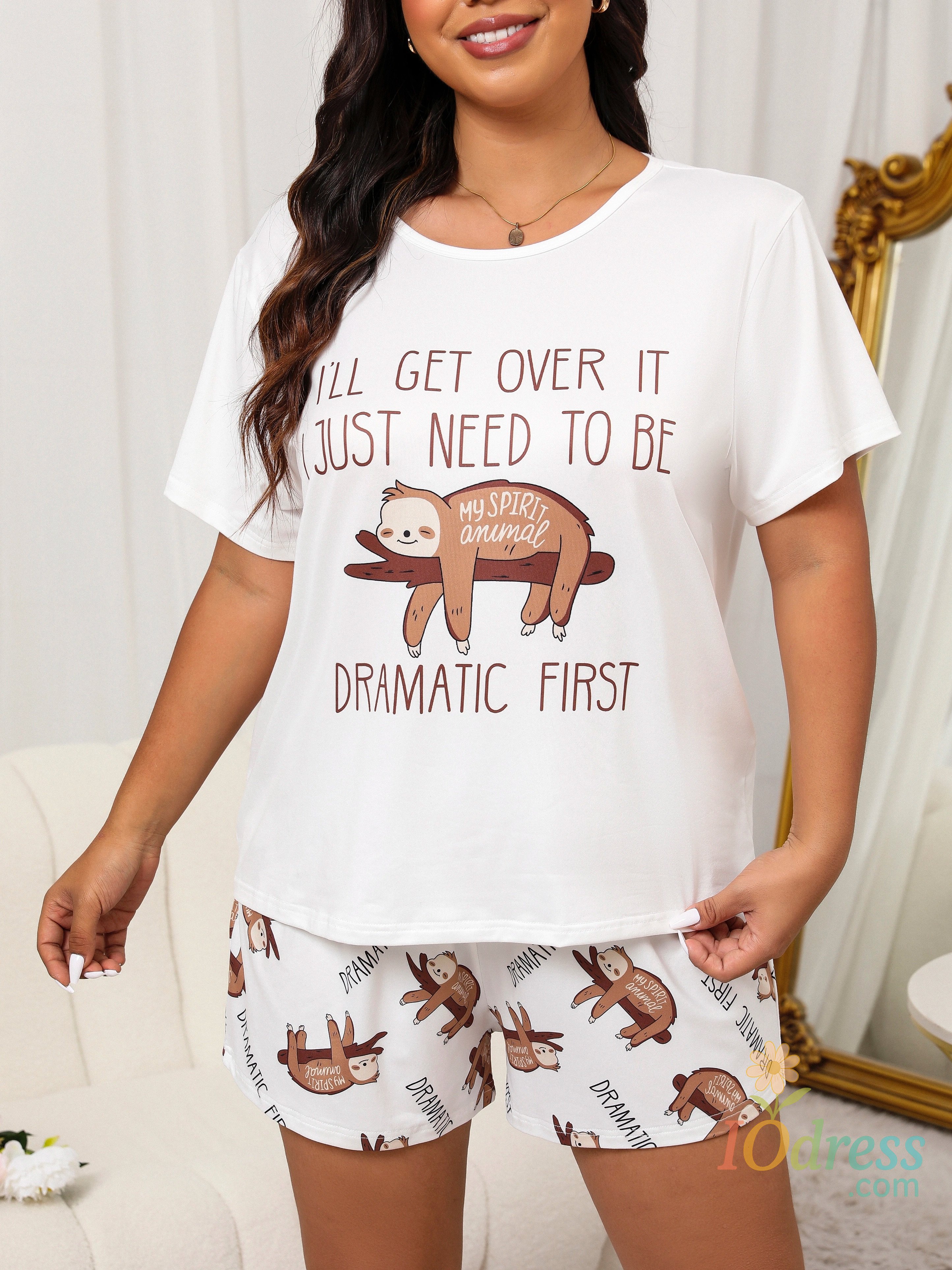 IO Dress Women's Plus Size Short Sleeve T-Shirt and Shorts with Sloth Print 2pc Pajama Set Comfy Top&Shorts With Elastic Sleepwear