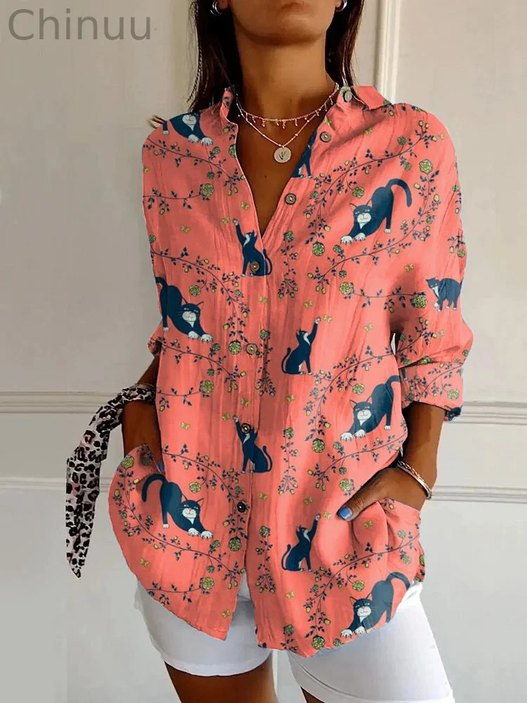 Funny Cat Print Casual Long Sleeve Shirt