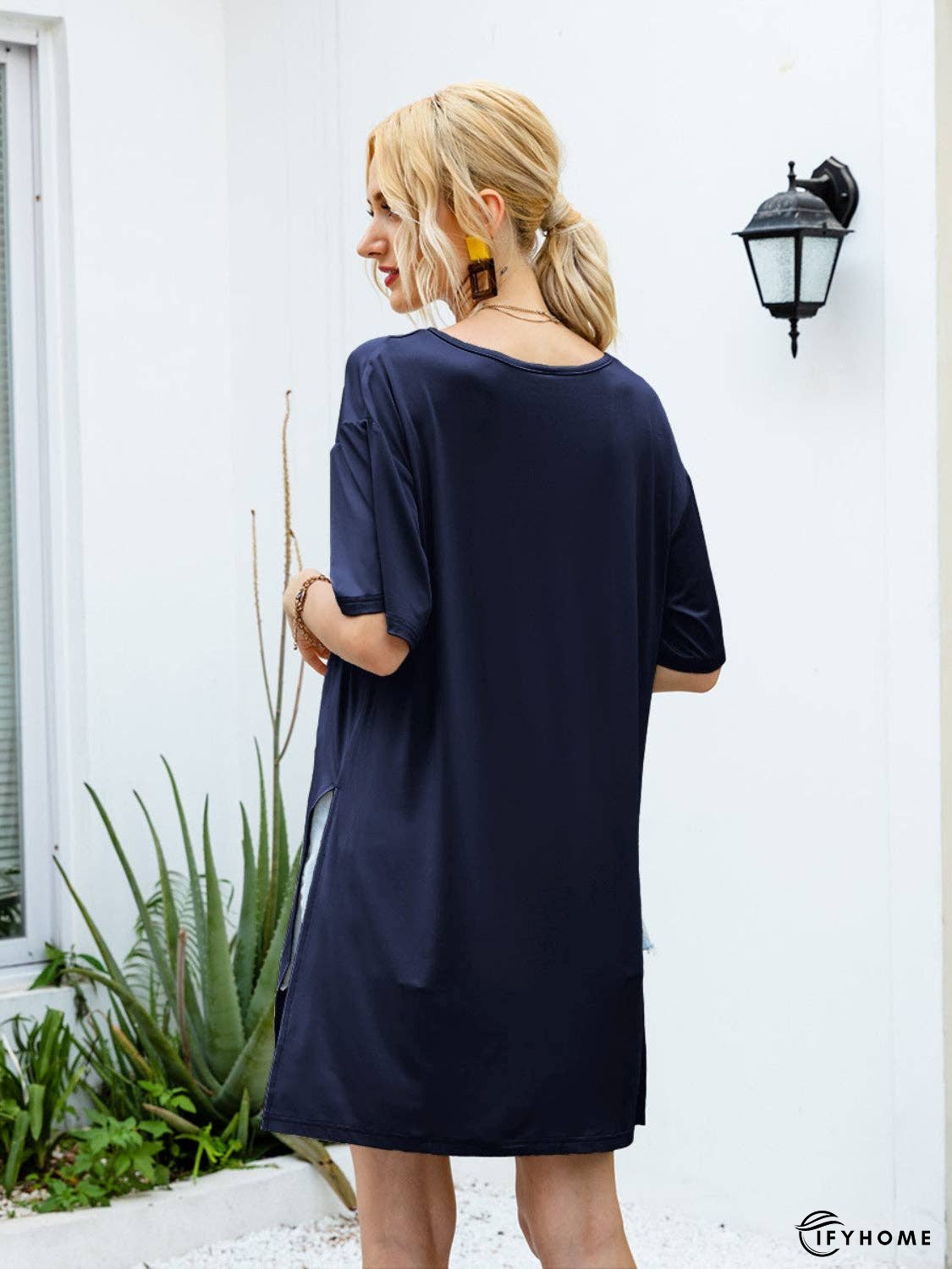 Slit Boat Neck Half Sleeve T-Shirt | IFYHOME