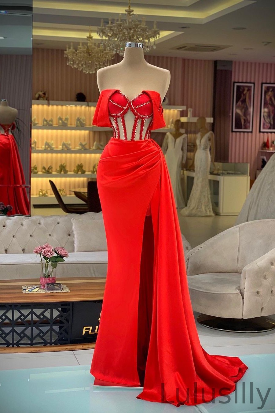 Elegant Red Sweetheart Off-the-Shoulder Sleeveless Mermaid Ball Dresses With Split Ruffles - lulusllly