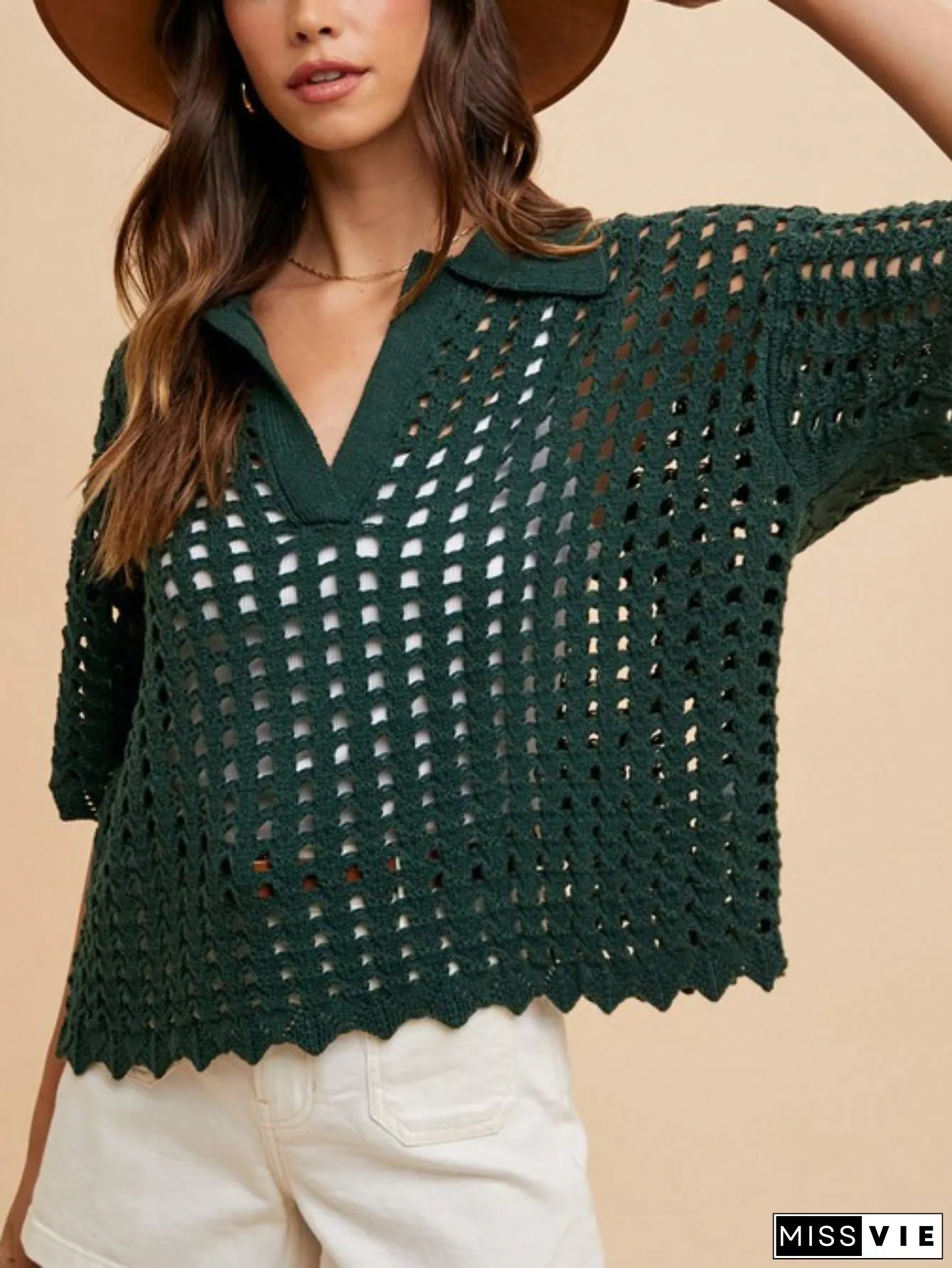 Womens Casual Crochet Chic Eyelet Lace Scalloped Hem Collared Blouse Top Forest Green Half