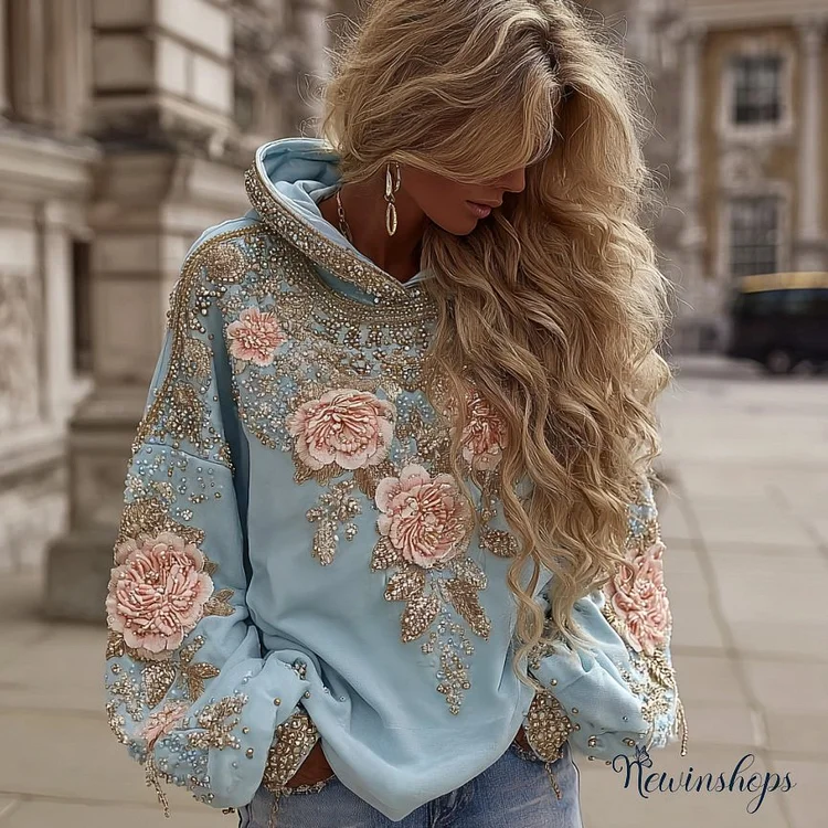 Women's Vintage Pink Flower Embroidery Art Hoodie