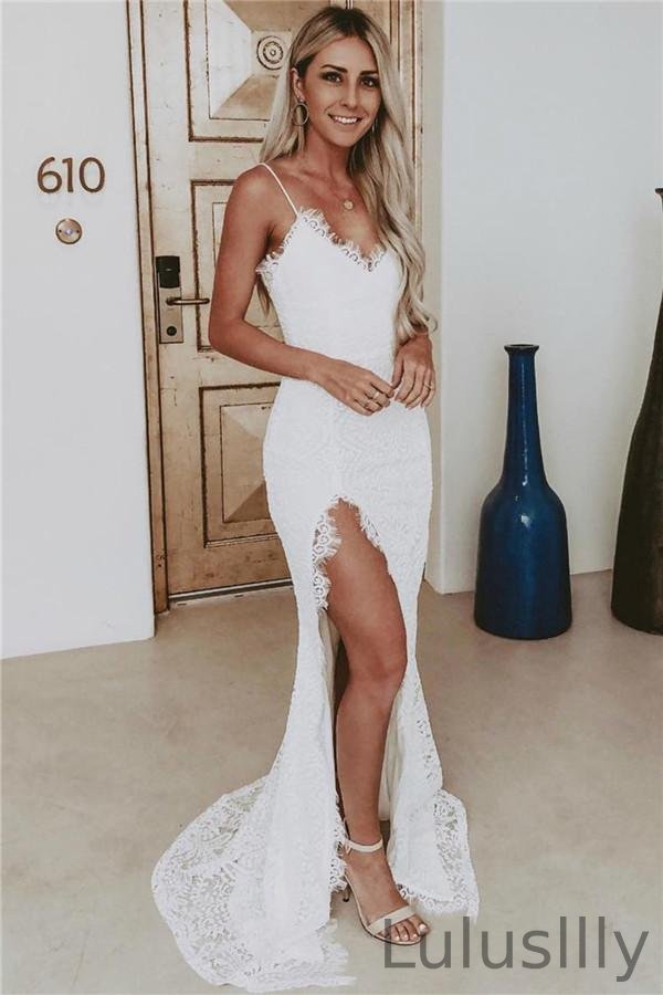 Summer Spaghetti-Straps Lace Evening Party Gowns Mermaid With Slit - lulusllly