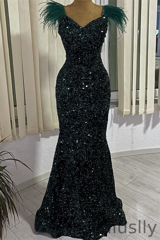 Luluslly Dark Green Sequins Mermaid Evening Dress With Feather Cap Sleeve