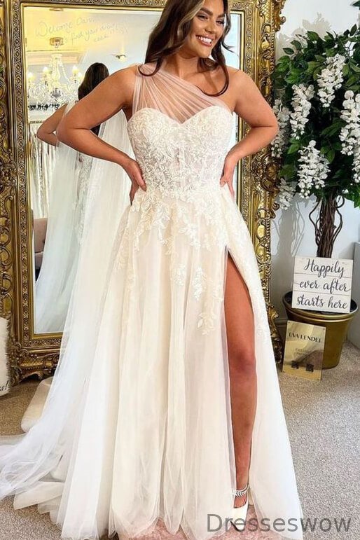 Dresseswow One Shoulder Sleeveless Wedding Dress High Split With Lace Appliques