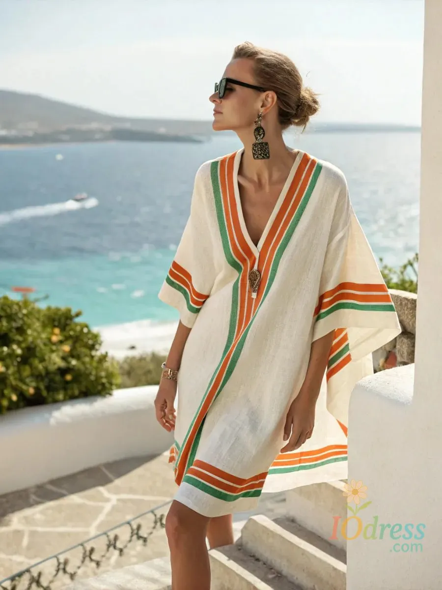 IO Dress Vintage Contrasting Stripes Printed Dresses Women Summer Sexy V-neck Short Sleeve Dress 2025 New Casual Vacation Beach Dress IO Dress