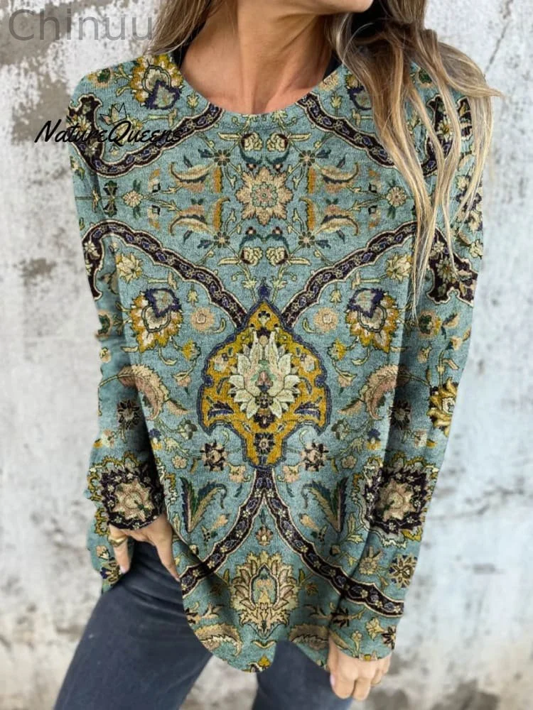 Women's Vintage Lovely Floral Art Print Button Back Casual Knitted Shirt
