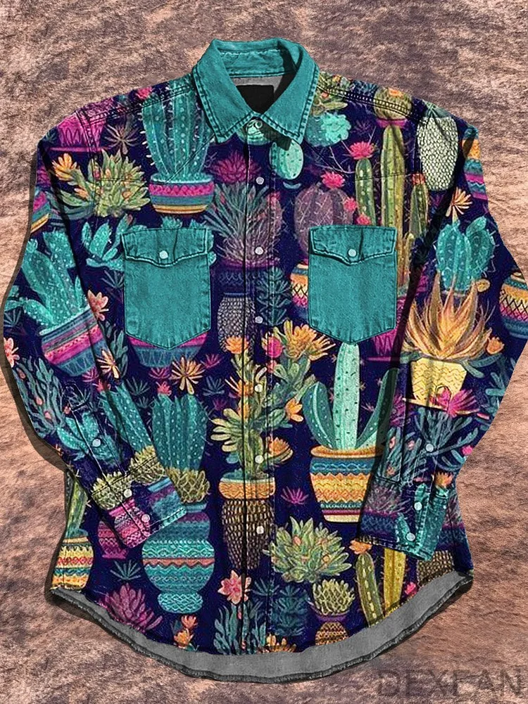 Vintage Western Cactus Art Print Casual Shirt