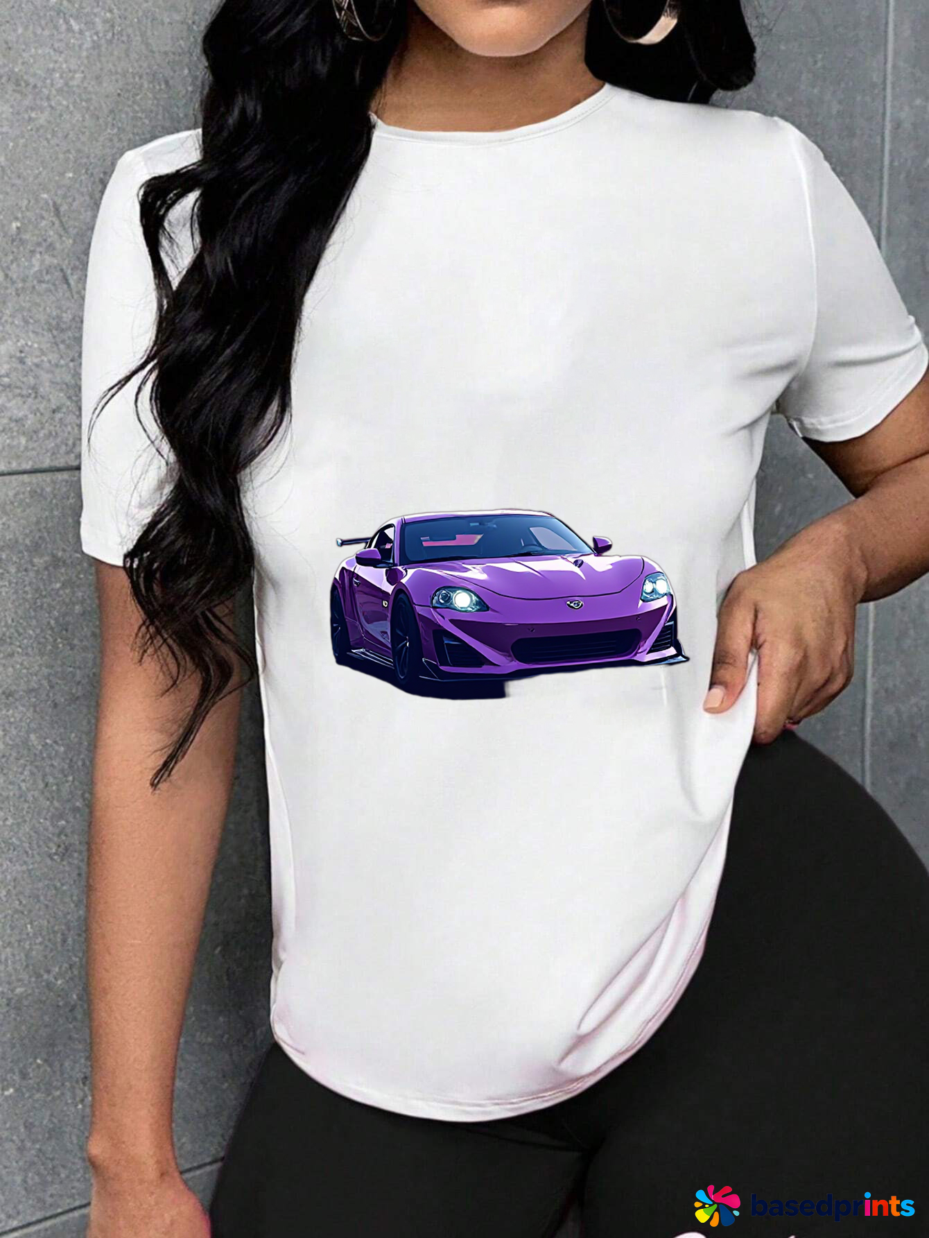 Purple Sports Car Print White T-Shirt