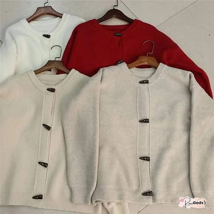 Loose Solid Color Round Neck Horn Button Knit Cardigan