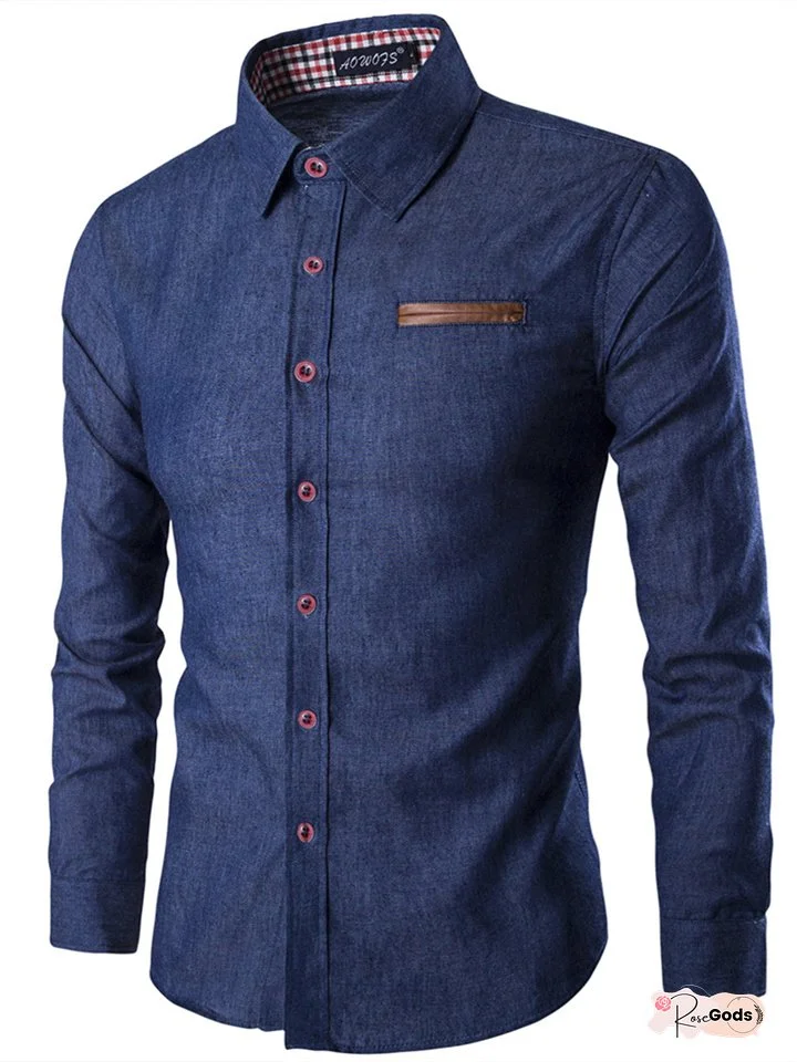 Men's Casual Shirt Pocket Patchwork Leather Cotton Slim Long Sleeve Shirt Denim Shirt Men