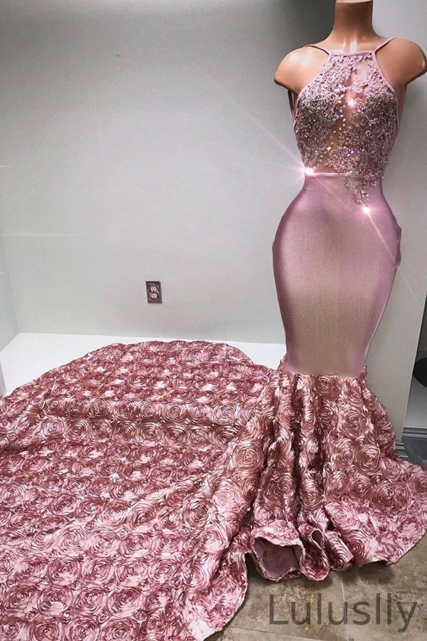 Luluslly Pink Halter Lace Mermaid Prom Dress WIth Flowers Bottom
