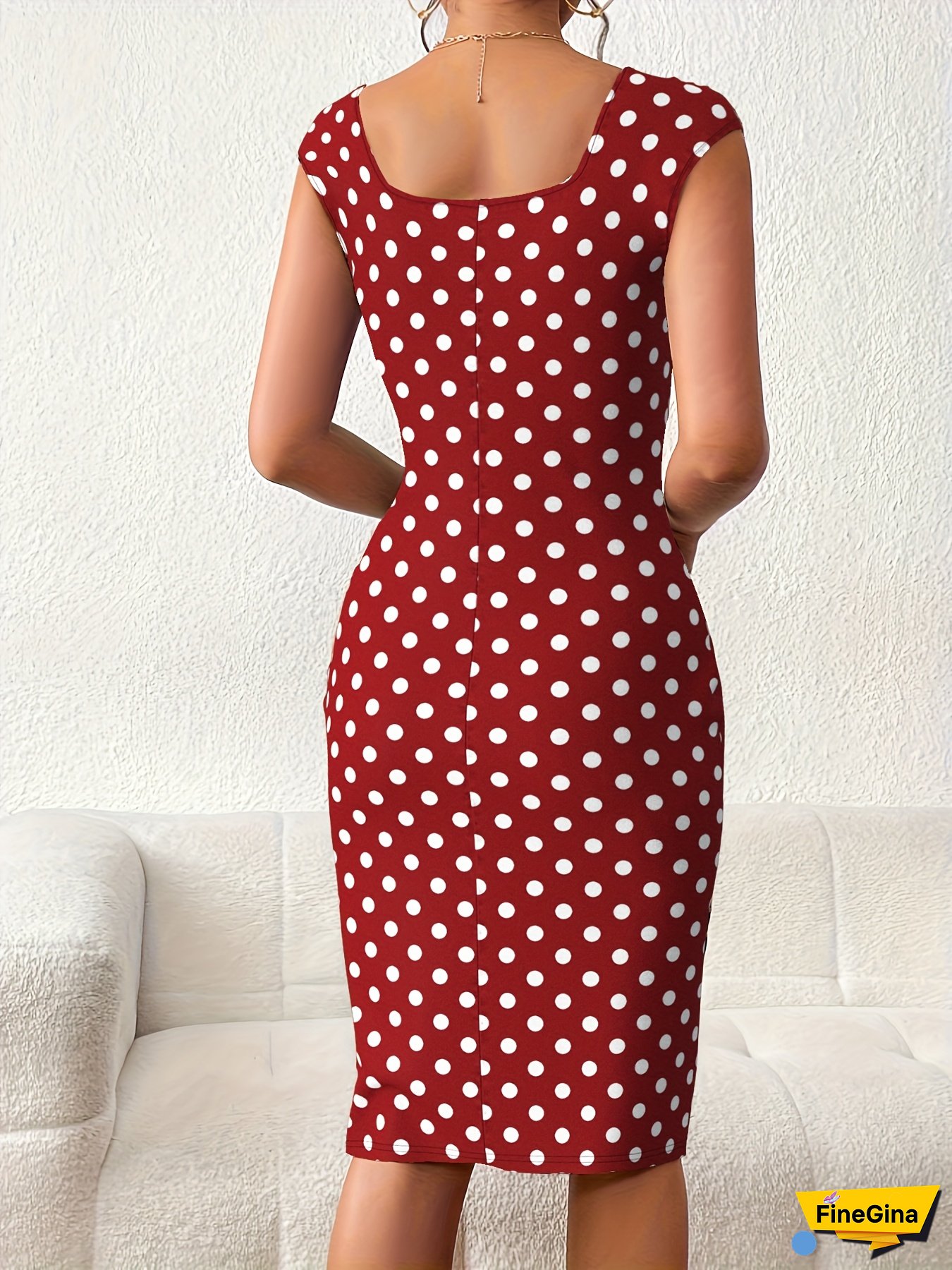 Women's Elegant Red Polka Dot Bodycon Dress - Soft Knit, Notch Neck, Spring/Summer Fashion, Adult, Casual Attire|Playful Print|Comfortable Fit