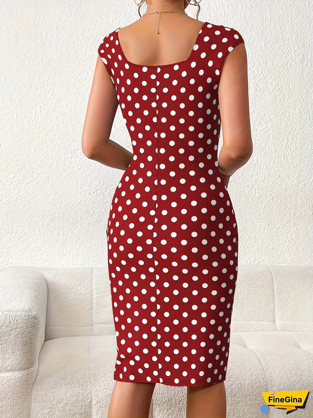 Women's Elegant Red Polka Dot Bodycon Dress - Soft Knit, Notch Neck, Spring/Summer Fashion, Adult, Casual Attire|Playful Print|Comfortable Fit