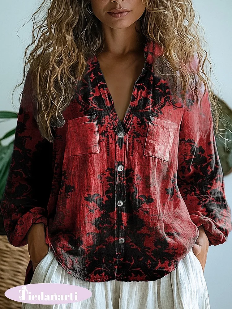 Women's Retro Dark Floral Print Casual Long Sleeve Comfortable Cotton Shirt