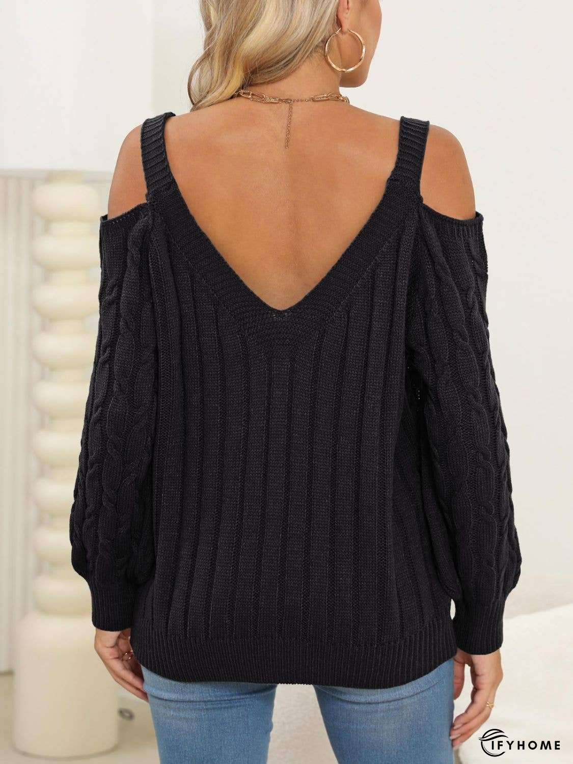 Cable-Knit V-Neck Long Sleeve Sweater | IFYHOME