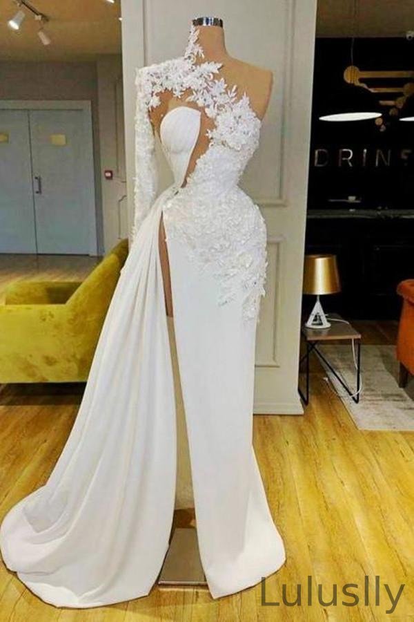 Luluslly White Long Sleeves Lace Appliques Prom Dress Mermaid One Shoulder Party Gowns