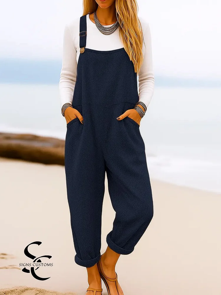 Women's Solid Color Casual Loose Knitted Overalls Jumpsuit