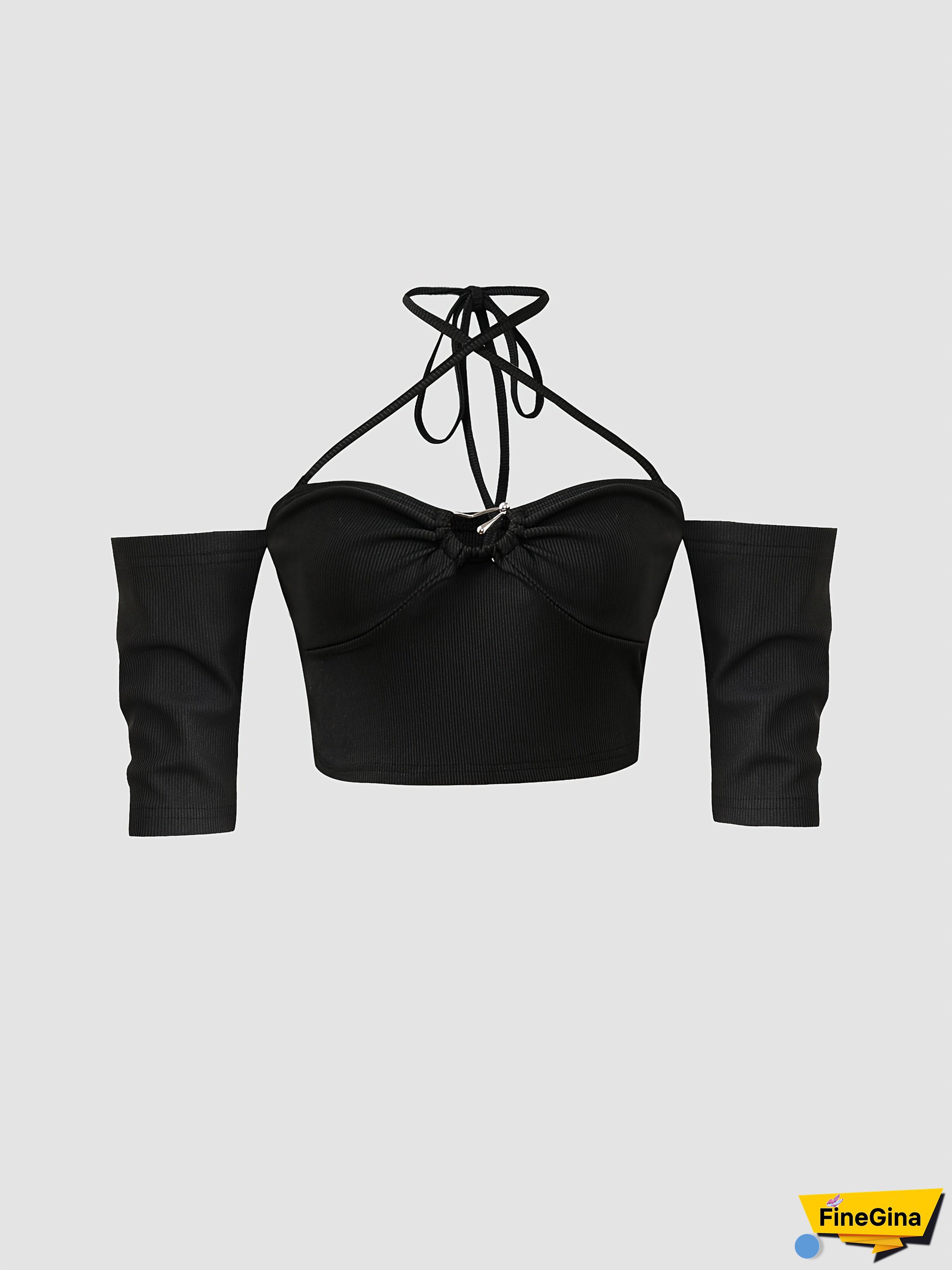 Off-Shoulder Strapless Top with Adjustable Neck Strap & Metallic Accents - Slim Fit Cropped Stretchy Black Shirt for Spring/Summer Casual or Evening Wear, Summer Outfit, Spring Fashion, Bikini Style, Smooth Fabric, Sleek Design