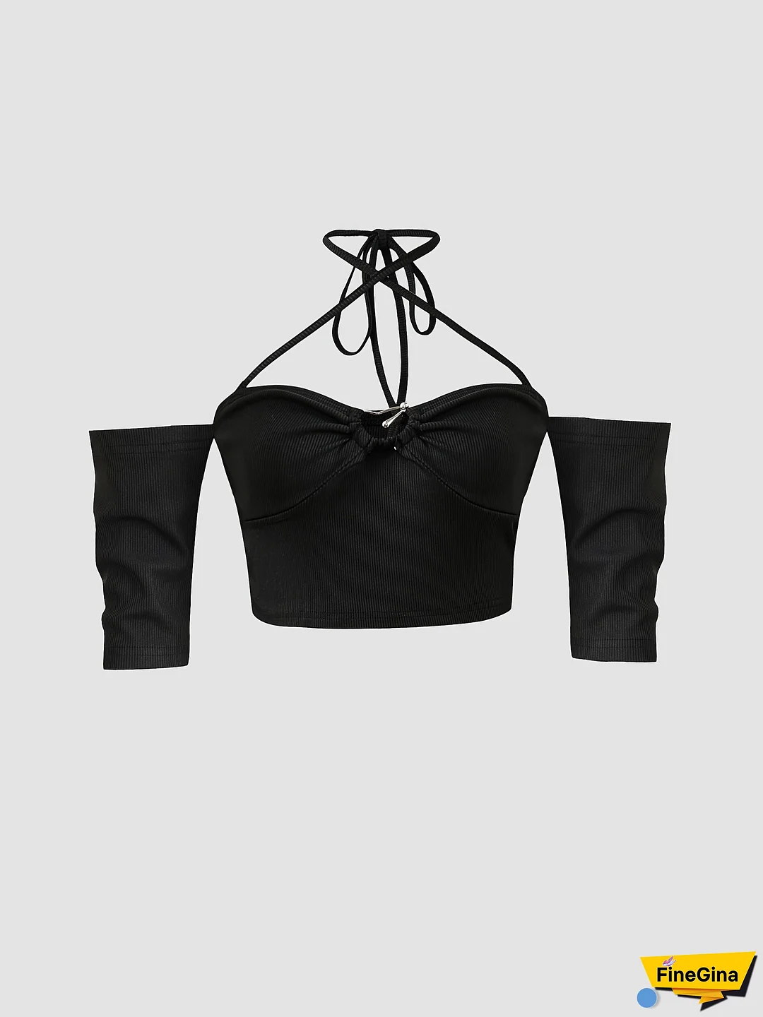 Off-Shoulder Strapless Top with Adjustable Neck Strap & Metallic Accents - Slim Fit Cropped Stretchy Black Shirt for Spring/Summer Casual or Evening Wear, Summer Outfit, Spring Fashion, Bikini Style, Smooth Fabric, Sleek Design