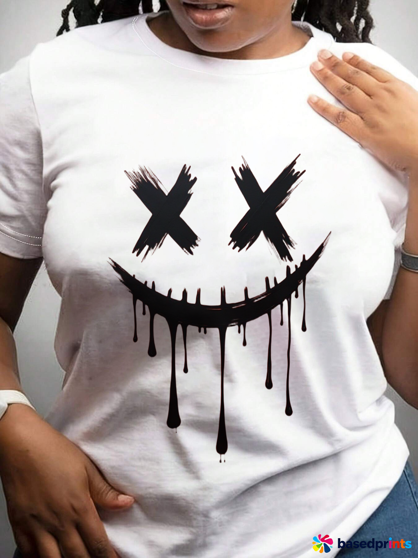 White T-Shirt with Black Smiley Face Design