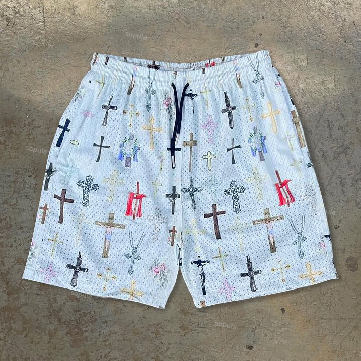 Sopula Street Sports Fashion Saint Pray Cross Graphic Drawstring Mesh Basketball Shorts