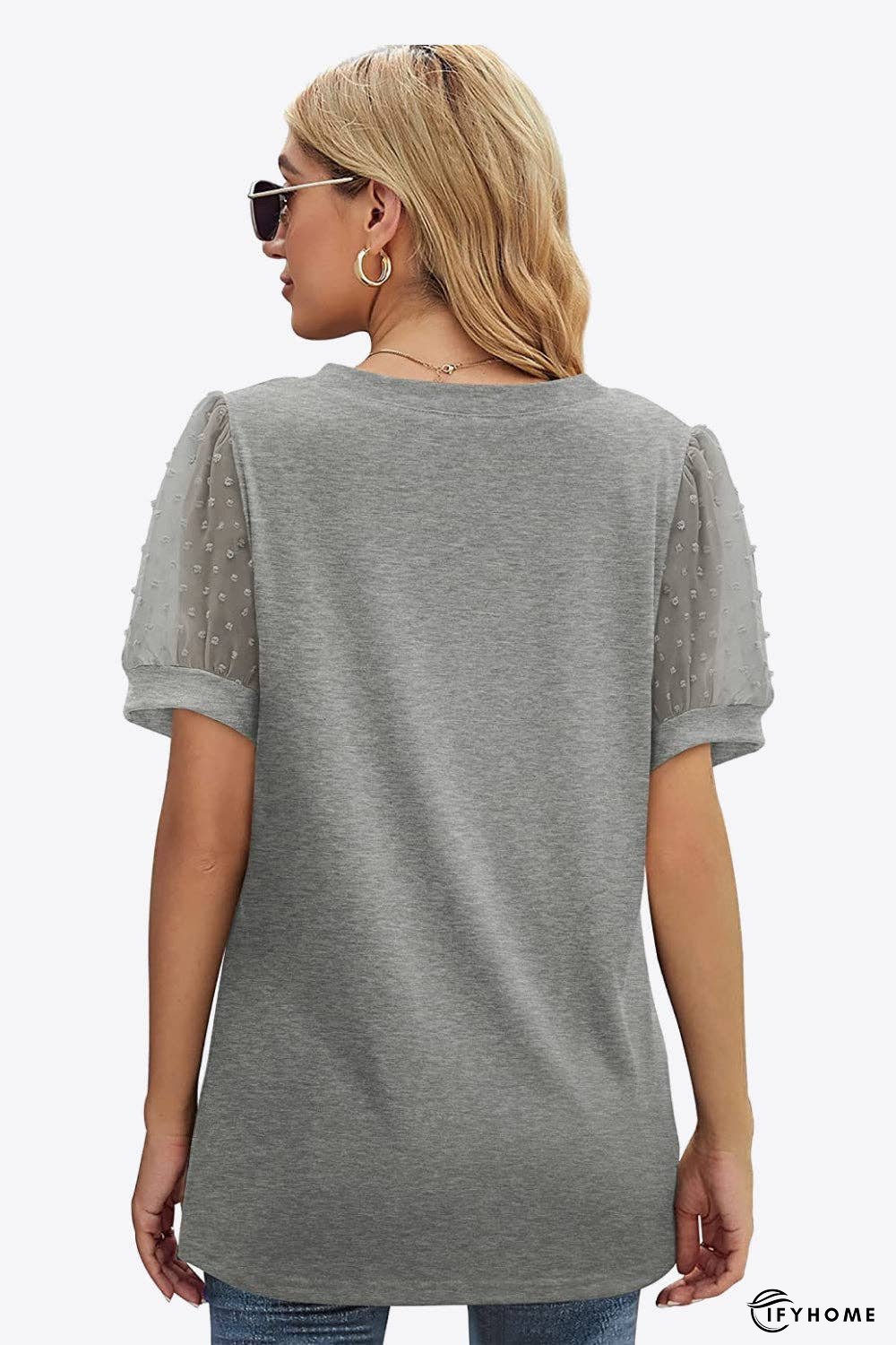 Swiss Dot Puff Sleeve V-Neck Tee | IFYHOME